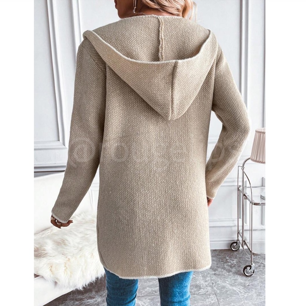 Hooded Knit Beige /Tan Open Cardigan Long Sleeves Hip Length w/ Pockets - Picture 5 of 8